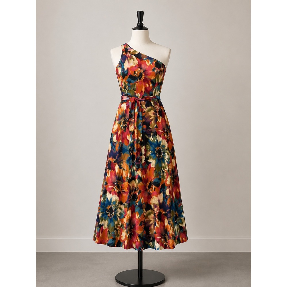 Nicole Miller New York Watercolor Floral One Shoulder Satin Maxi‎ Gown Dress 6